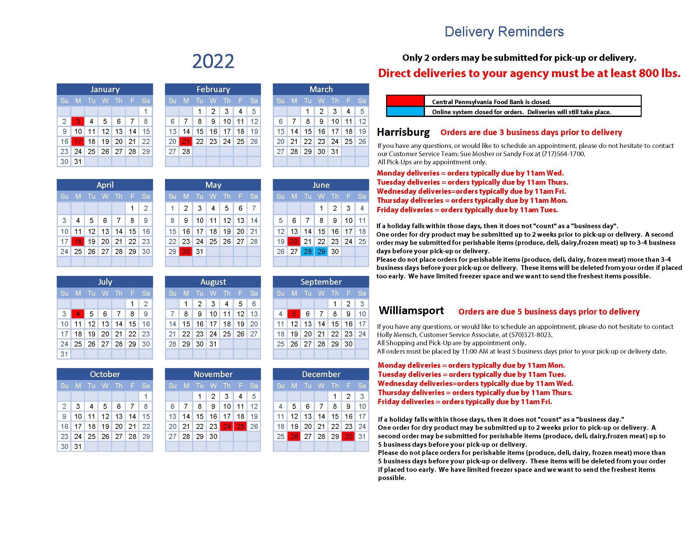 2022 Delivery Calendar 1 Central Pennsylvania Food Bank